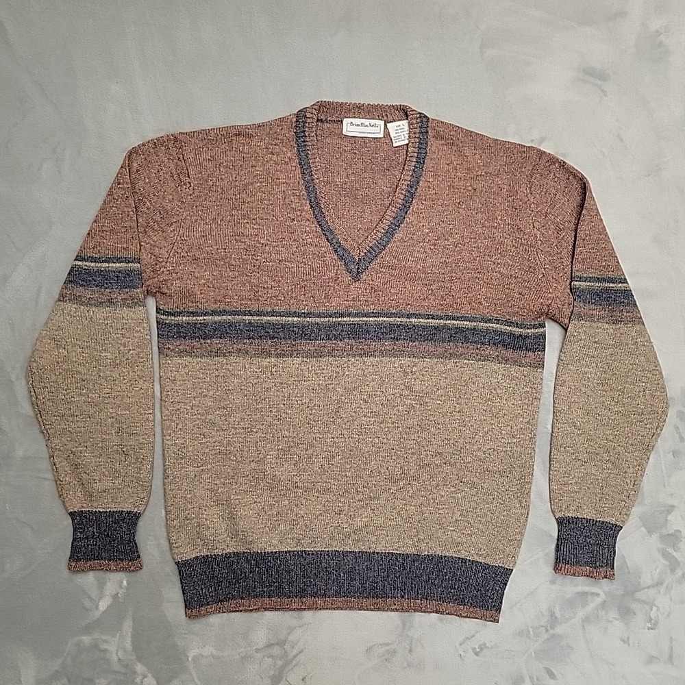 VTG Brian‎ MacNeil Sweater Mens L Brown V-Neck Wool Blend Striped Retro Grandpa